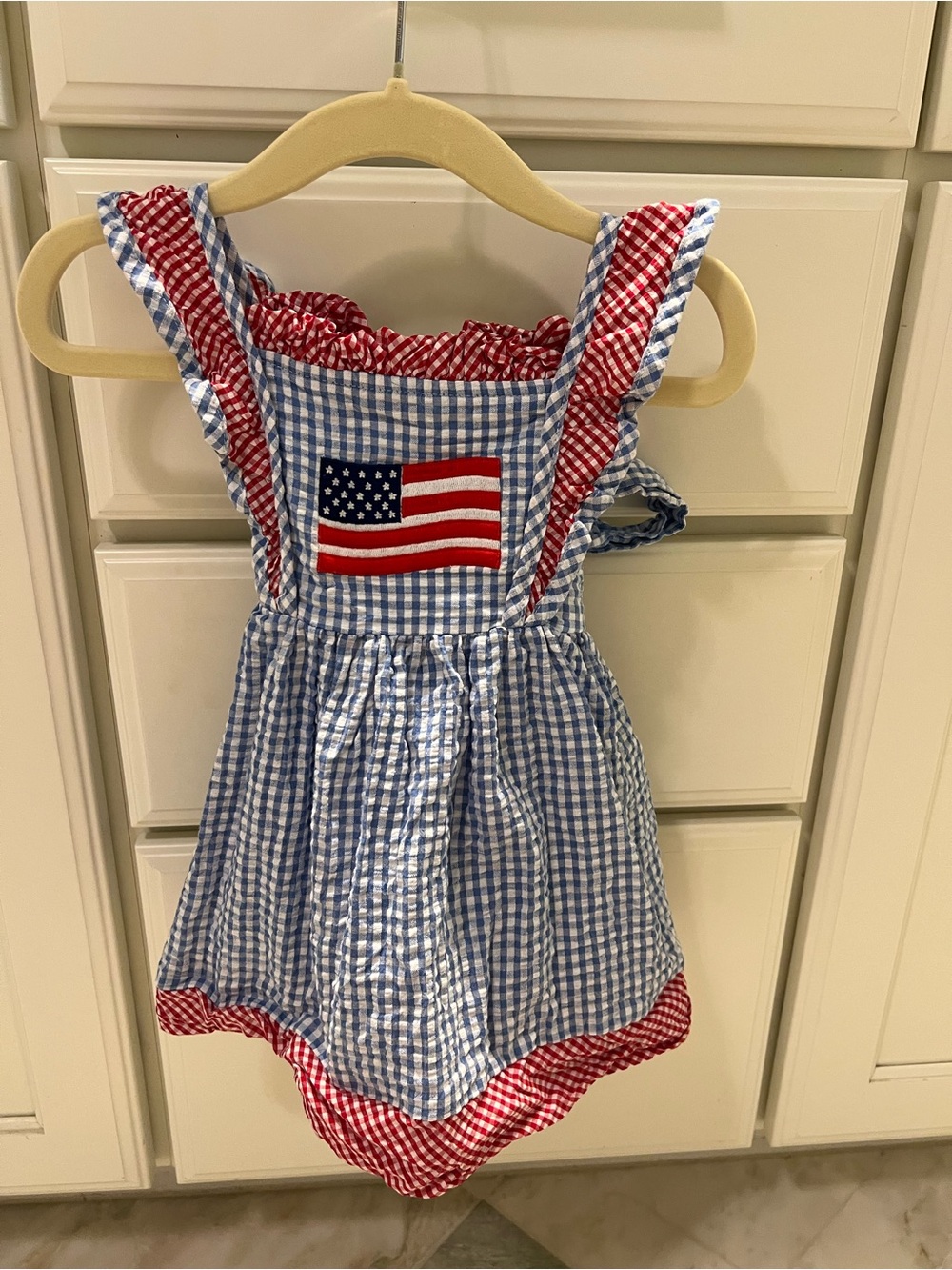 LIL Cactus Blue and Red Gingham Romper with Flag Patch
